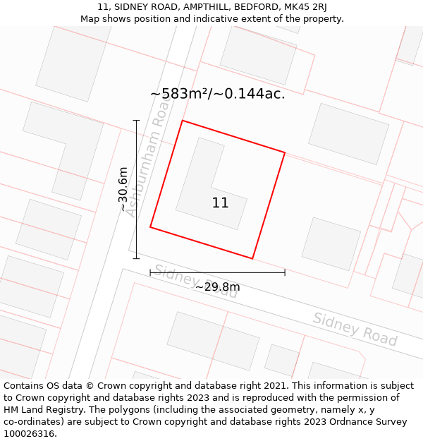 11, SIDNEY ROAD, AMPTHILL, BEDFORD, MK45 2RJ: Plot and title map