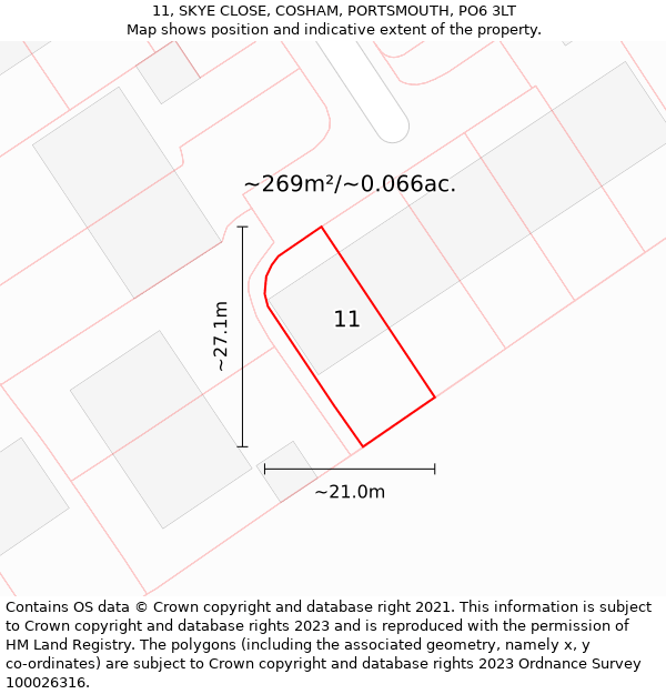 11, SKYE CLOSE, COSHAM, PORTSMOUTH, PO6 3LT: Plot and title map