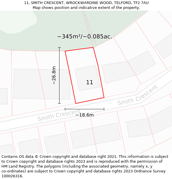 11, SMITH CRESCENT, WROCKWARDINE WOOD, TELFORD, TF2 7AU: Plot and title map