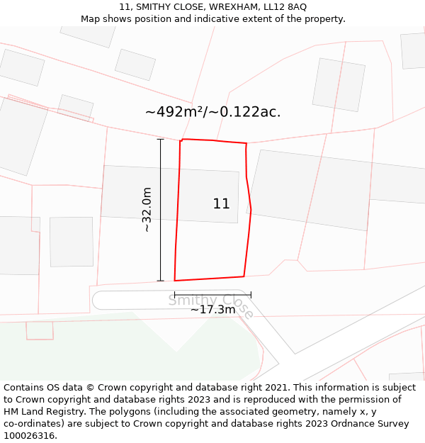 11, SMITHY CLOSE, WREXHAM, LL12 8AQ: Plot and title map