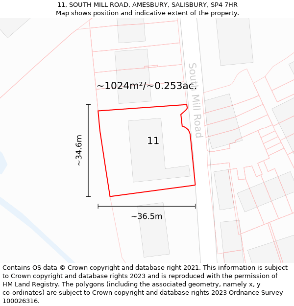 11, SOUTH MILL ROAD, AMESBURY, SALISBURY, SP4 7HR: Plot and title map