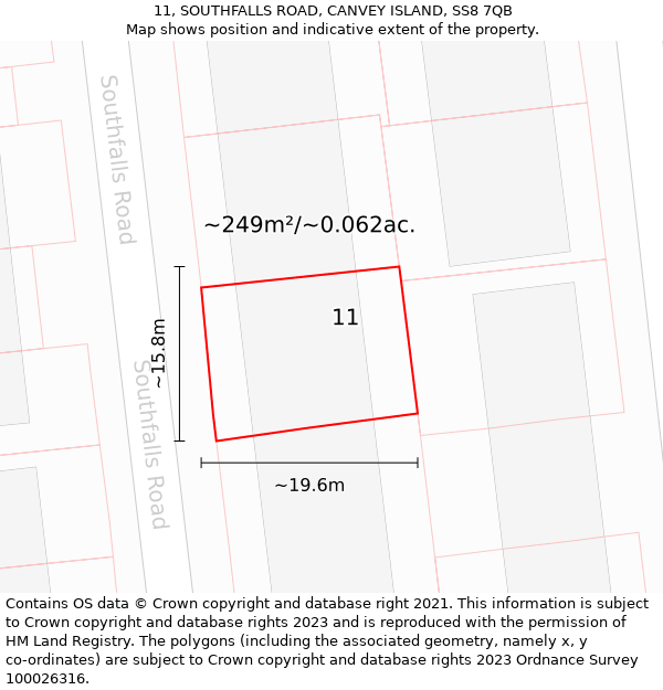 11, SOUTHFALLS ROAD, CANVEY ISLAND, SS8 7QB: Plot and title map