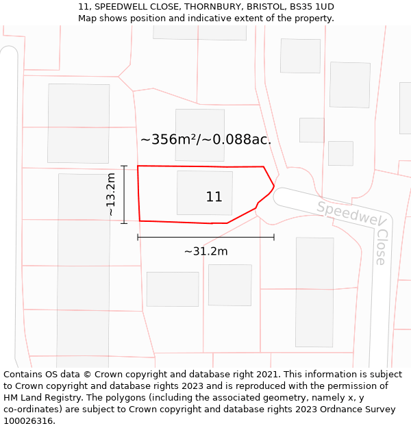 11, SPEEDWELL CLOSE, THORNBURY, BRISTOL, BS35 1UD: Plot and title map