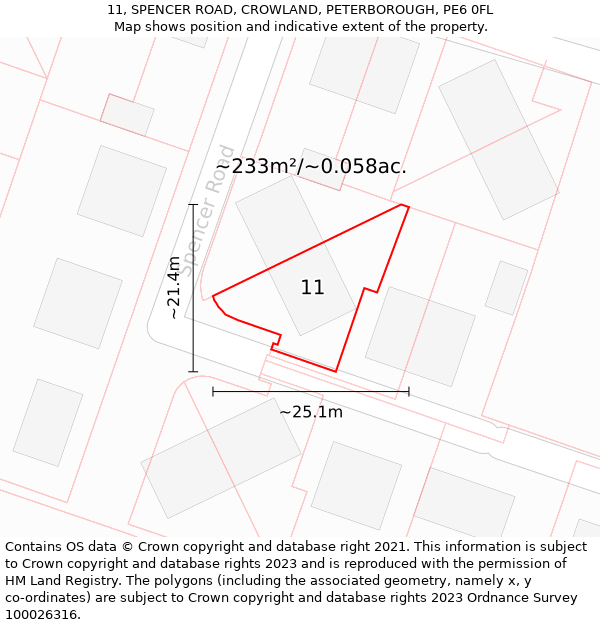 11, SPENCER ROAD, CROWLAND, PETERBOROUGH, PE6 0FL: Plot and title map