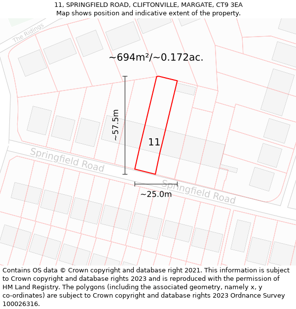 11, SPRINGFIELD ROAD, CLIFTONVILLE, MARGATE, CT9 3EA: Plot and title map