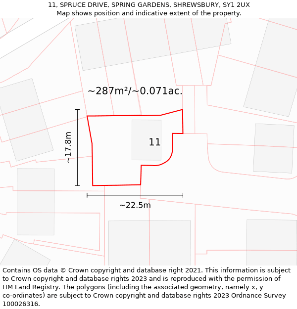 11, SPRUCE DRIVE, SPRING GARDENS, SHREWSBURY, SY1 2UX: Plot and title map