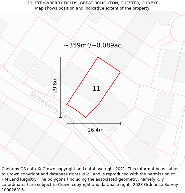 11, STRAWBERRY FIELDS, GREAT BOUGHTON, CHESTER, CH3 5YF: Plot and title map