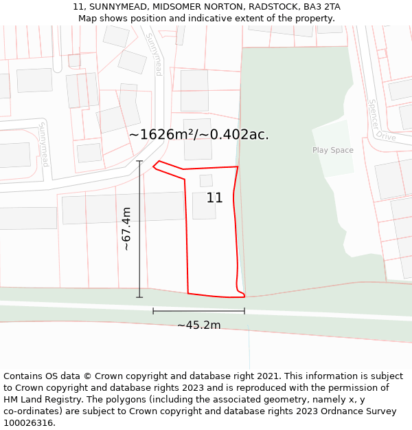 11, SUNNYMEAD, MIDSOMER NORTON, RADSTOCK, BA3 2TA: Plot and title map