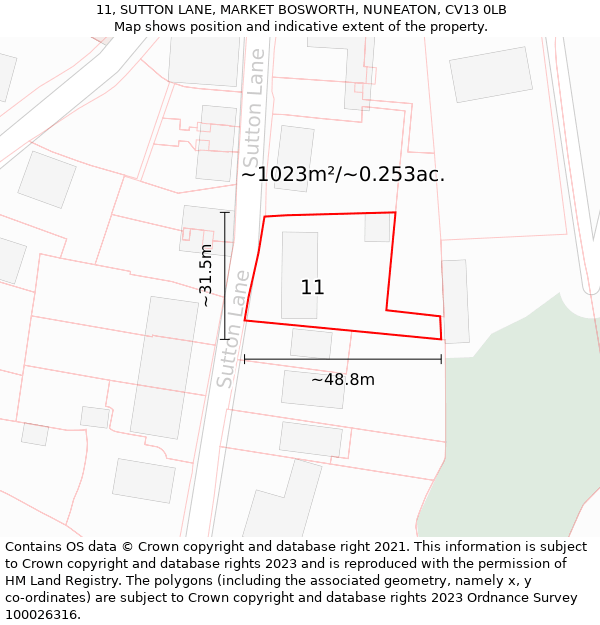 11, SUTTON LANE, MARKET BOSWORTH, NUNEATON, CV13 0LB: Plot and title map