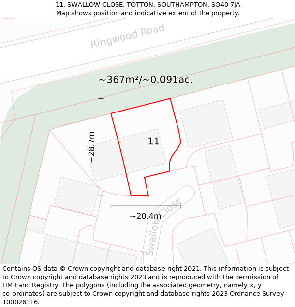 11, SWALLOW CLOSE, TOTTON, SOUTHAMPTON, SO40 7JA: Plot and title map