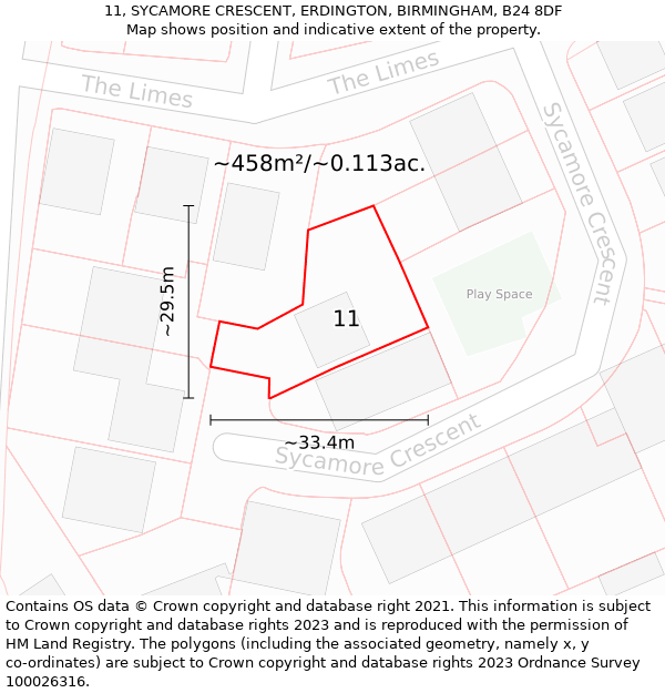 11, SYCAMORE CRESCENT, ERDINGTON, BIRMINGHAM, B24 8DF: Plot and title map