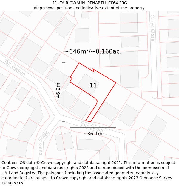 11, TAIR GWAUN, PENARTH, CF64 3RG: Plot and title map