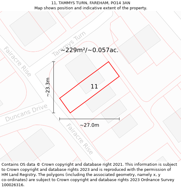 11, TAMMYS TURN, FAREHAM, PO14 3AN: Plot and title map