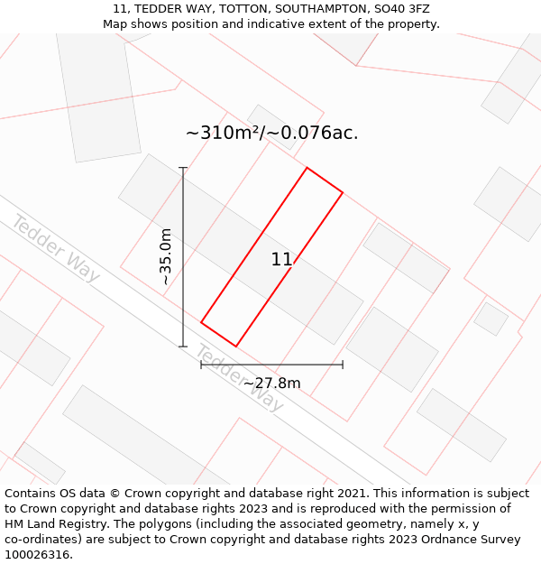 11, TEDDER WAY, TOTTON, SOUTHAMPTON, SO40 3FZ: Plot and title map