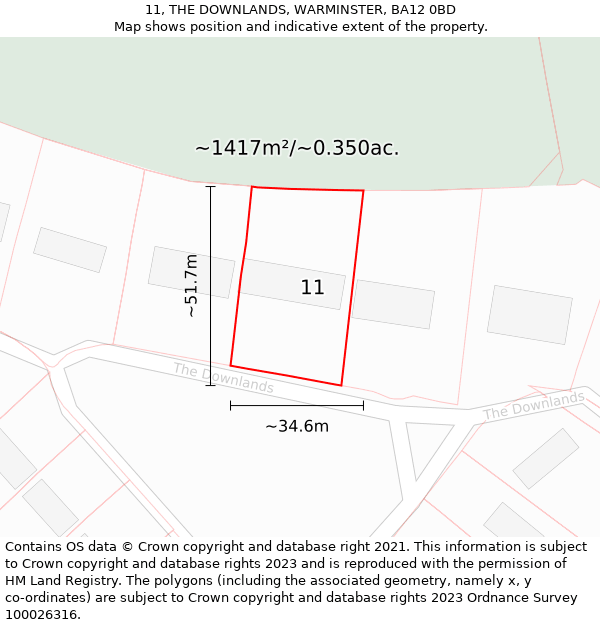 11, THE DOWNLANDS, WARMINSTER, BA12 0BD: Plot and title map
