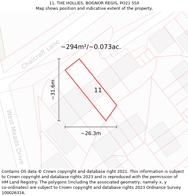 11, THE HOLLIES, BOGNOR REGIS, PO21 5SX: Plot and title map