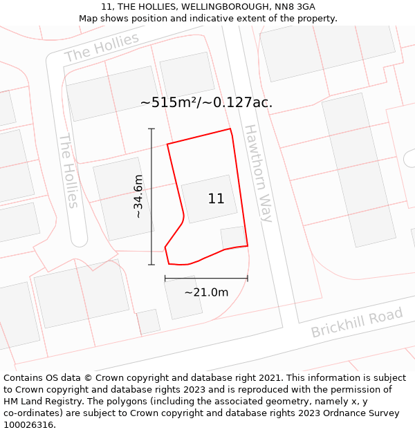 11, THE HOLLIES, WELLINGBOROUGH, NN8 3GA: Plot and title map