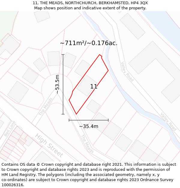 11, THE MEADS, NORTHCHURCH, BERKHAMSTED, HP4 3QX: Plot and title map