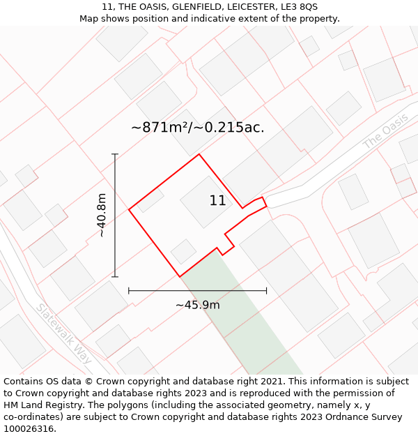 11, THE OASIS, GLENFIELD, LEICESTER, LE3 8QS: Plot and title map