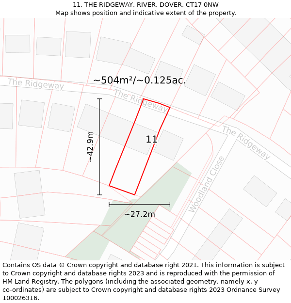11, THE RIDGEWAY, RIVER, DOVER, CT17 0NW: Plot and title map