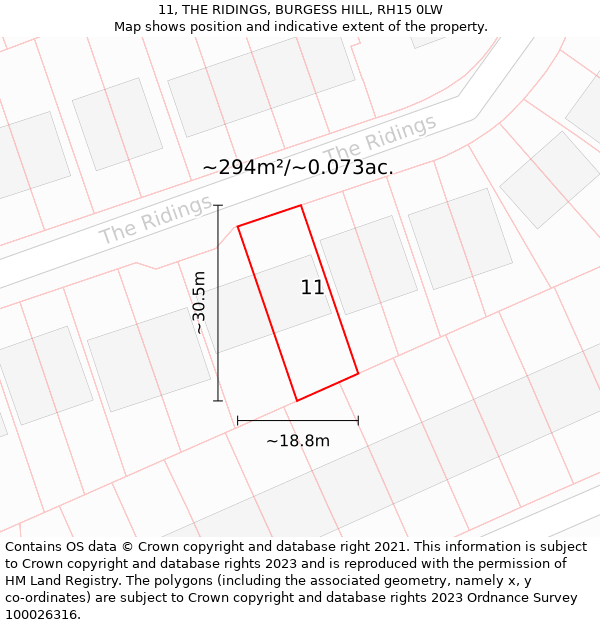 11, THE RIDINGS, BURGESS HILL, RH15 0LW: Plot and title map