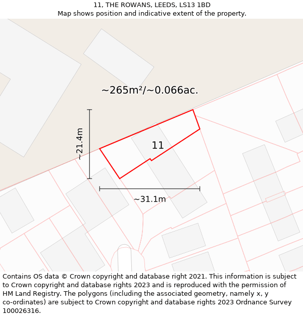 11, THE ROWANS, LEEDS, LS13 1BD: Plot and title map