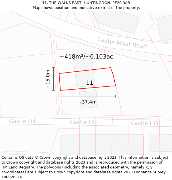 11, THE WALKS EAST, HUNTINGDON, PE29 3AR: Plot and title map