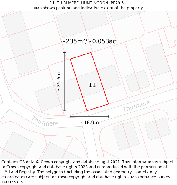 11, THIRLMERE, HUNTINGDON, PE29 6UJ: Plot and title map