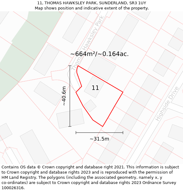 11, THOMAS HAWKSLEY PARK, SUNDERLAND, SR3 1UY: Plot and title map