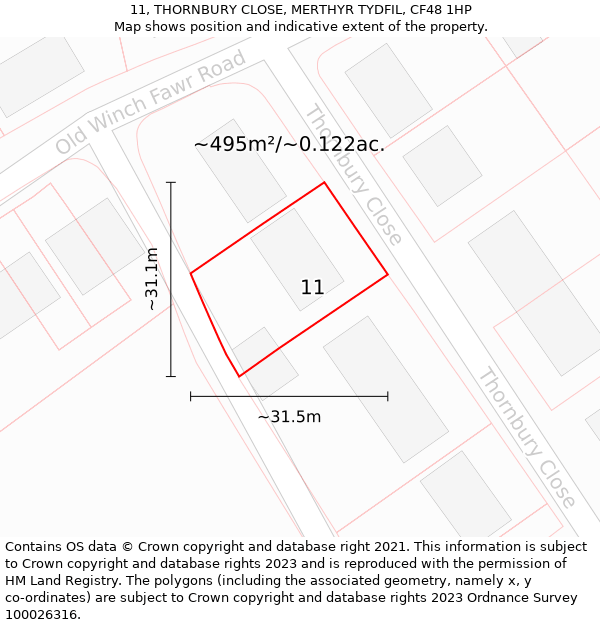 11, THORNBURY CLOSE, MERTHYR TYDFIL, CF48 1HP: Plot and title map