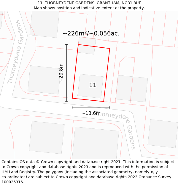 11, THORNEYDENE GARDENS, GRANTHAM, NG31 8UF: Plot and title map