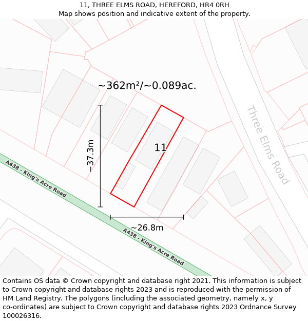 11, THREE ELMS ROAD, HEREFORD, HR4 0RH: Plot and title map