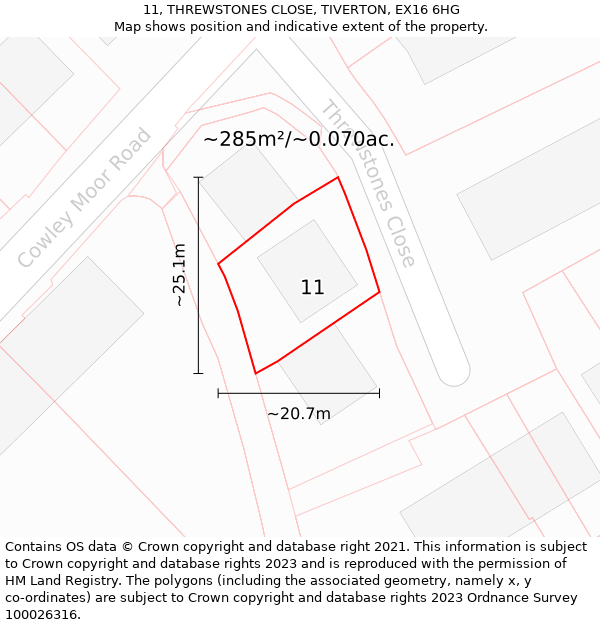 11, THREWSTONES CLOSE, TIVERTON, EX16 6HG: Plot and title map