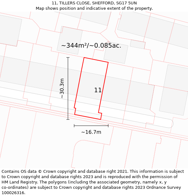 11, TILLERS CLOSE, SHEFFORD, SG17 5UN: Plot and title map