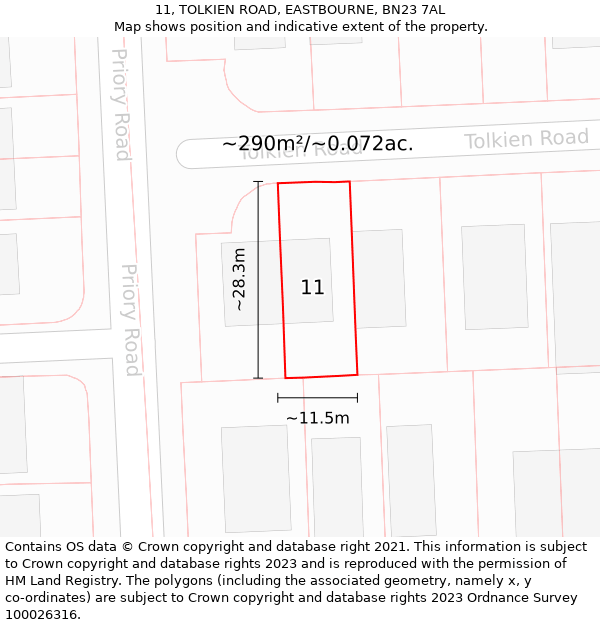 11, TOLKIEN ROAD, EASTBOURNE, BN23 7AL: Plot and title map