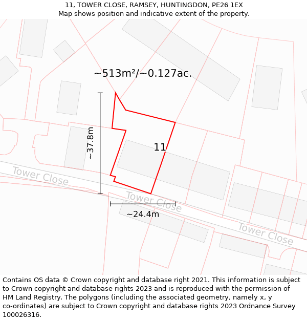 11, TOWER CLOSE, RAMSEY, HUNTINGDON, PE26 1EX: Plot and title map