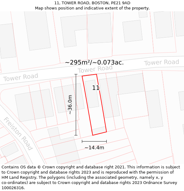 11, TOWER ROAD, BOSTON, PE21 9AD: Plot and title map
