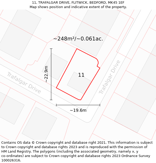 11, TRAFALGAR DRIVE, FLITWICK, BEDFORD, MK45 1EF: Plot and title map