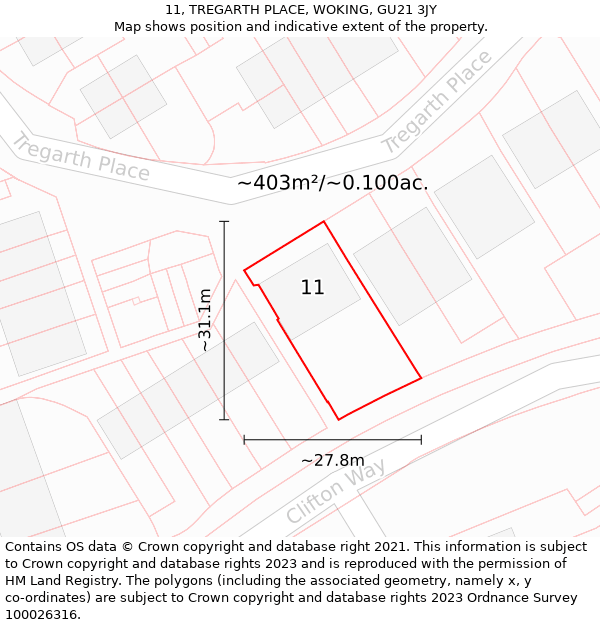 11, TREGARTH PLACE, WOKING, GU21 3JY: Plot and title map