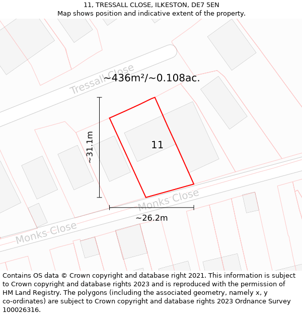 11, TRESSALL CLOSE, ILKESTON, DE7 5EN: Plot and title map