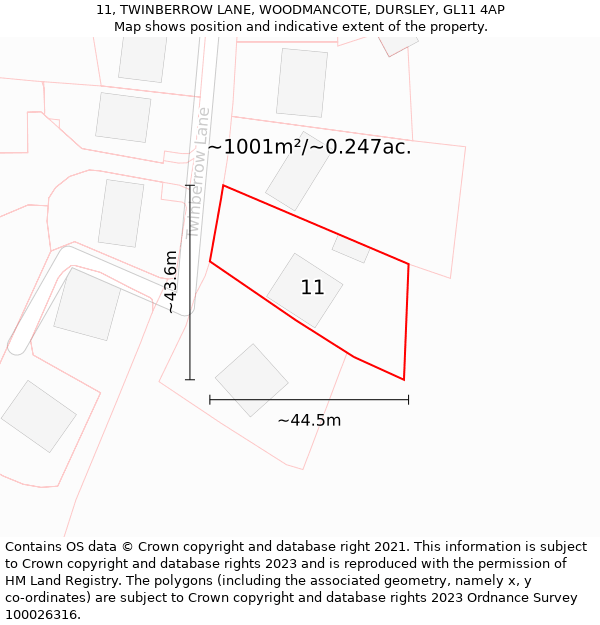 11, TWINBERROW LANE, WOODMANCOTE, DURSLEY, GL11 4AP: Plot and title map