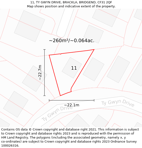 11, TY GWYN DRIVE, BRACKLA, BRIDGEND, CF31 2QF: Plot and title map