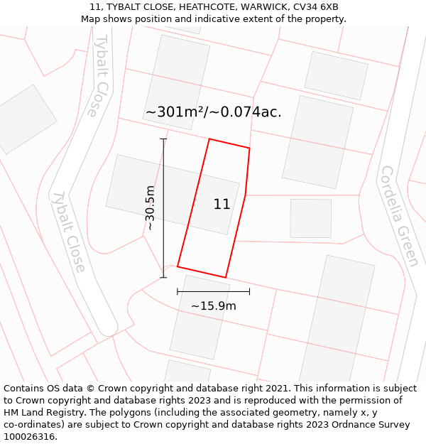 11, TYBALT CLOSE, HEATHCOTE, WARWICK, CV34 6XB: Plot and title map
