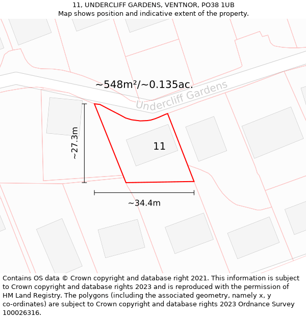 11, UNDERCLIFF GARDENS, VENTNOR, PO38 1UB: Plot and title map