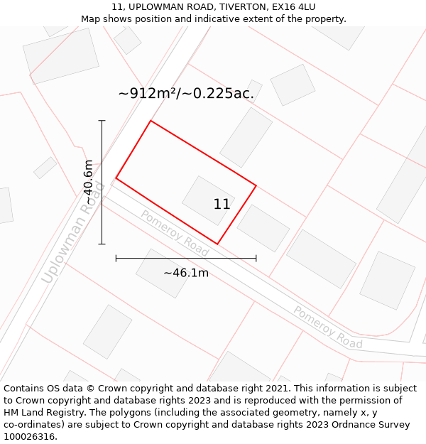 11, UPLOWMAN ROAD, TIVERTON, EX16 4LU: Plot and title map