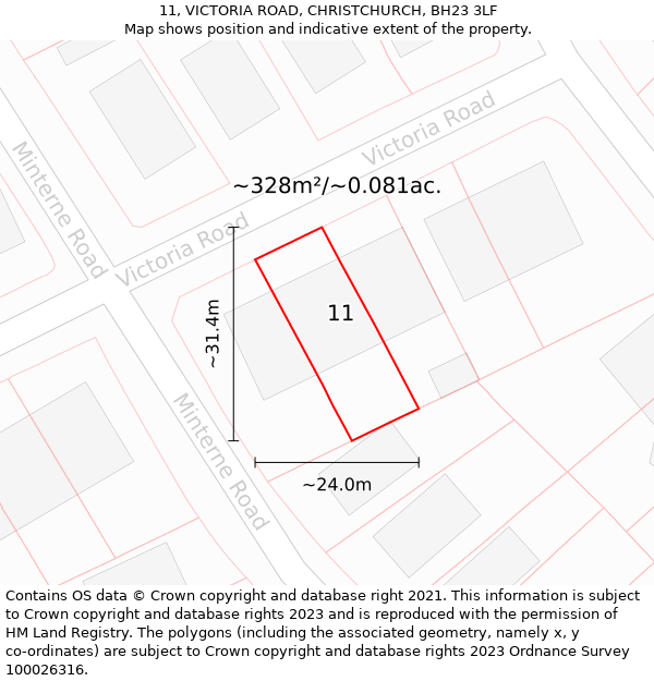 11, VICTORIA ROAD, CHRISTCHURCH, BH23 3LF: Plot and title map