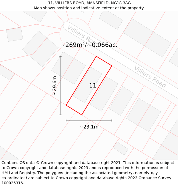 11, VILLIERS ROAD, MANSFIELD, NG18 3AG: Plot and title map