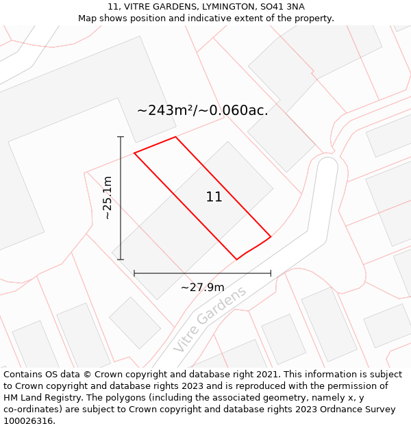 11, VITRE GARDENS, LYMINGTON, SO41 3NA: Plot and title map