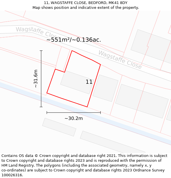 11, WAGSTAFFE CLOSE, BEDFORD, MK41 8DY: Plot and title map