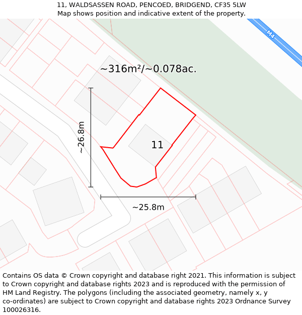 11, WALDSASSEN ROAD, PENCOED, BRIDGEND, CF35 5LW: Plot and title map